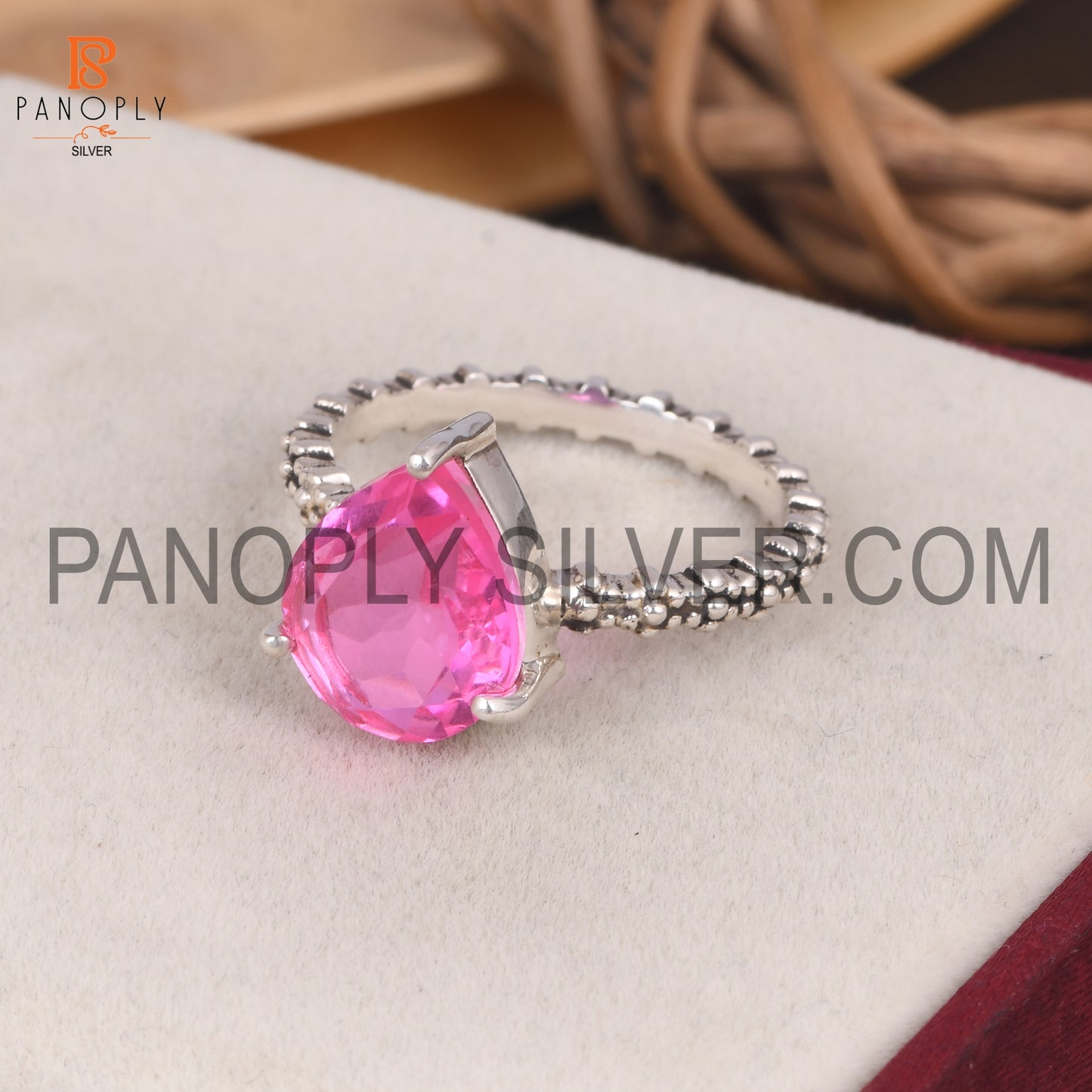 925 Silver Pear Cut Doublet Kunzite Quartz Dots Band Set Ring