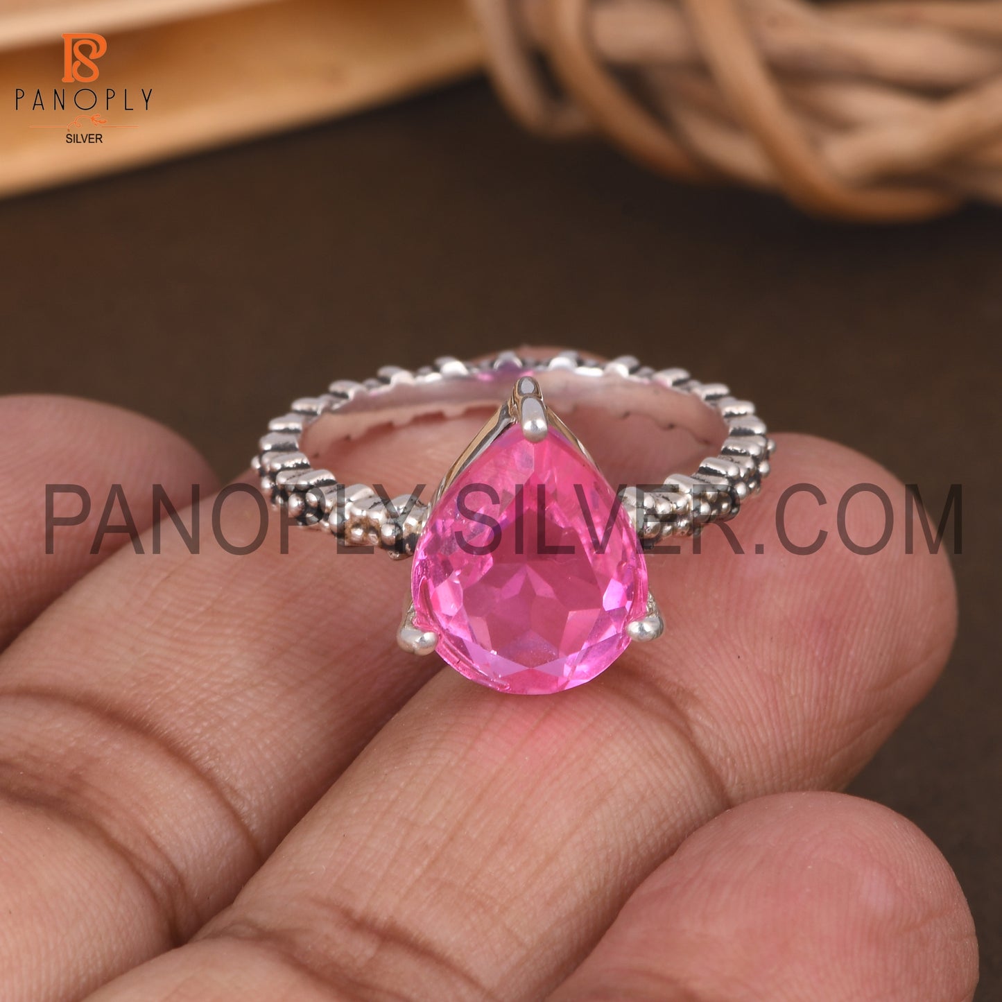 925 Silver Pear Cut Doublet Kunzite Quartz Dots Band Set Ring
