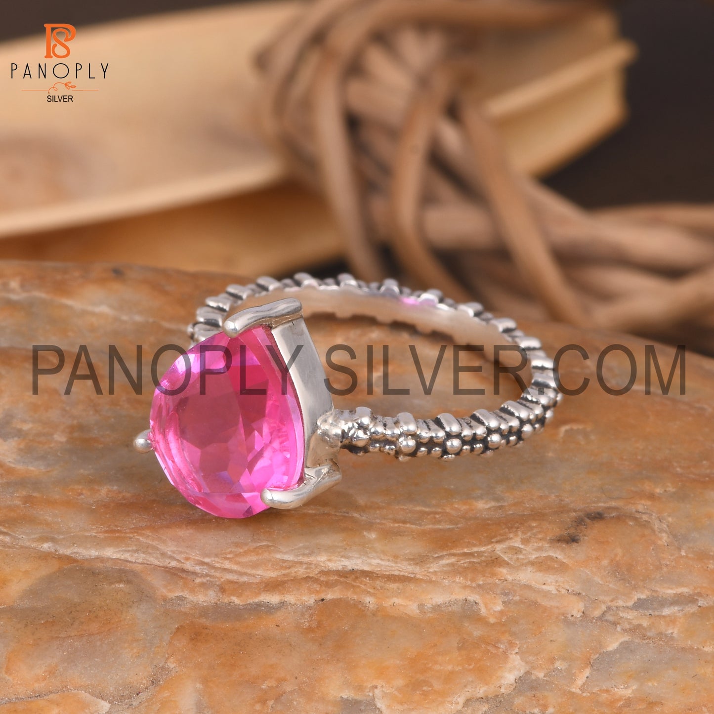 925 Silver Pear Cut Doublet Kunzite Quartz Dots Band Set Ring