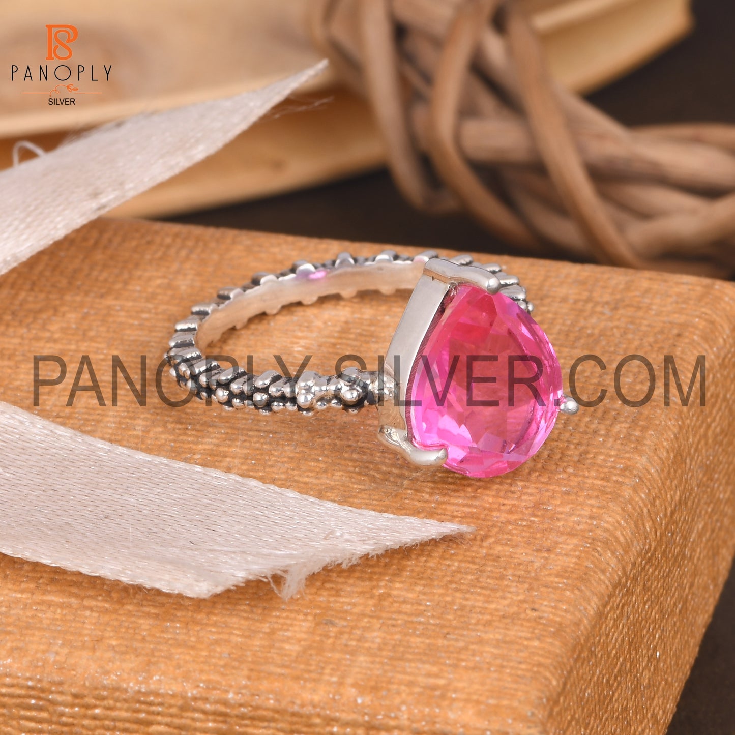 925 Silver Pear Cut Doublet Kunzite Quartz Dots Band Set Ring