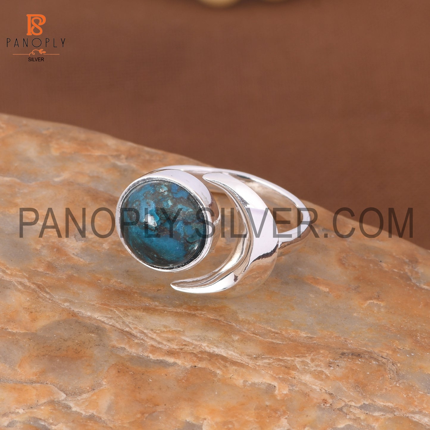 925 Silver Chrysocolla Gemstone Moon Shape Rings