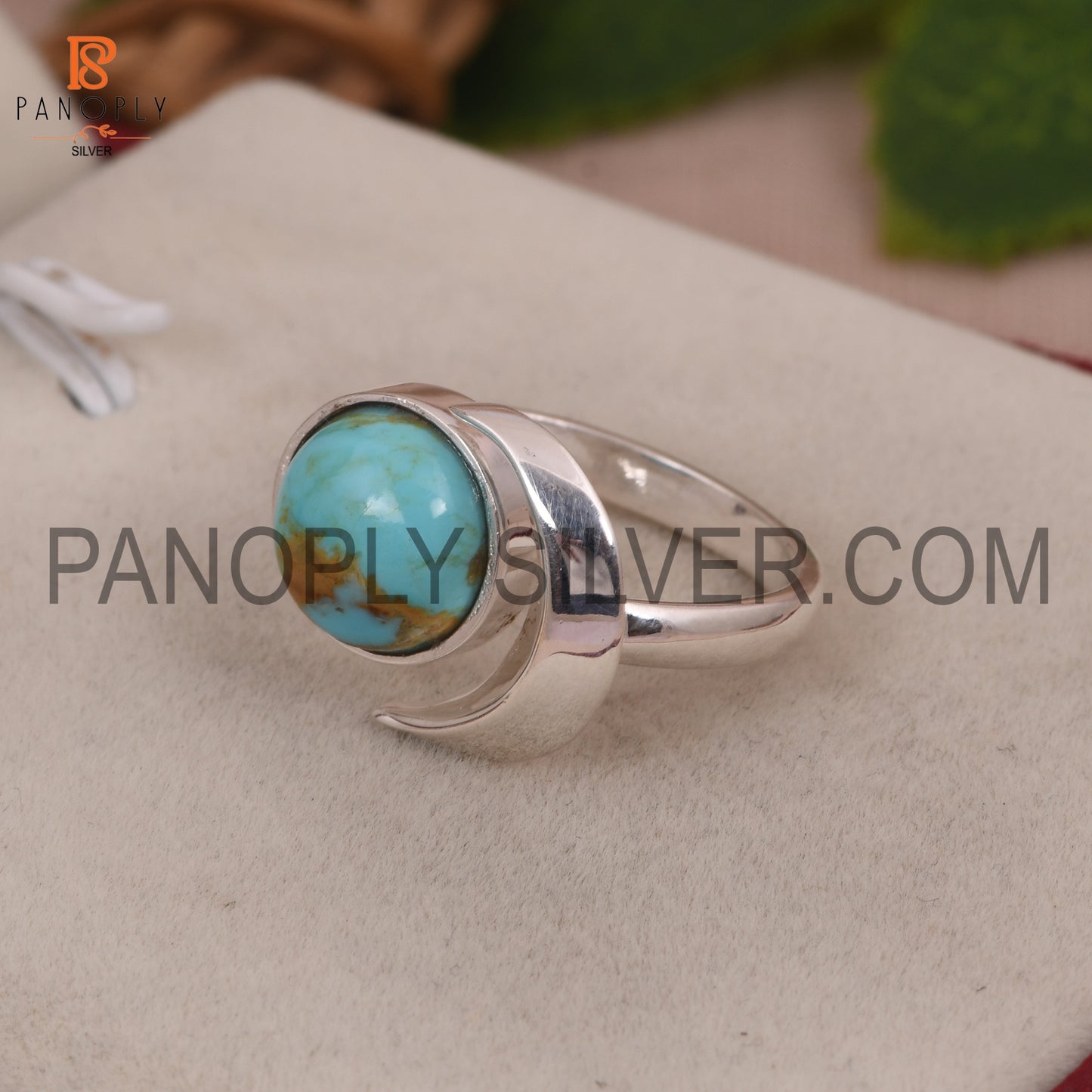 925 Silver Kingman Turquoise Gem Moon Shape Rings