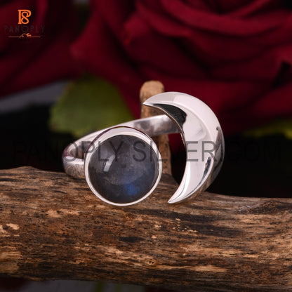 925 Silver Labradorite Gemstone Moon & Round Rings