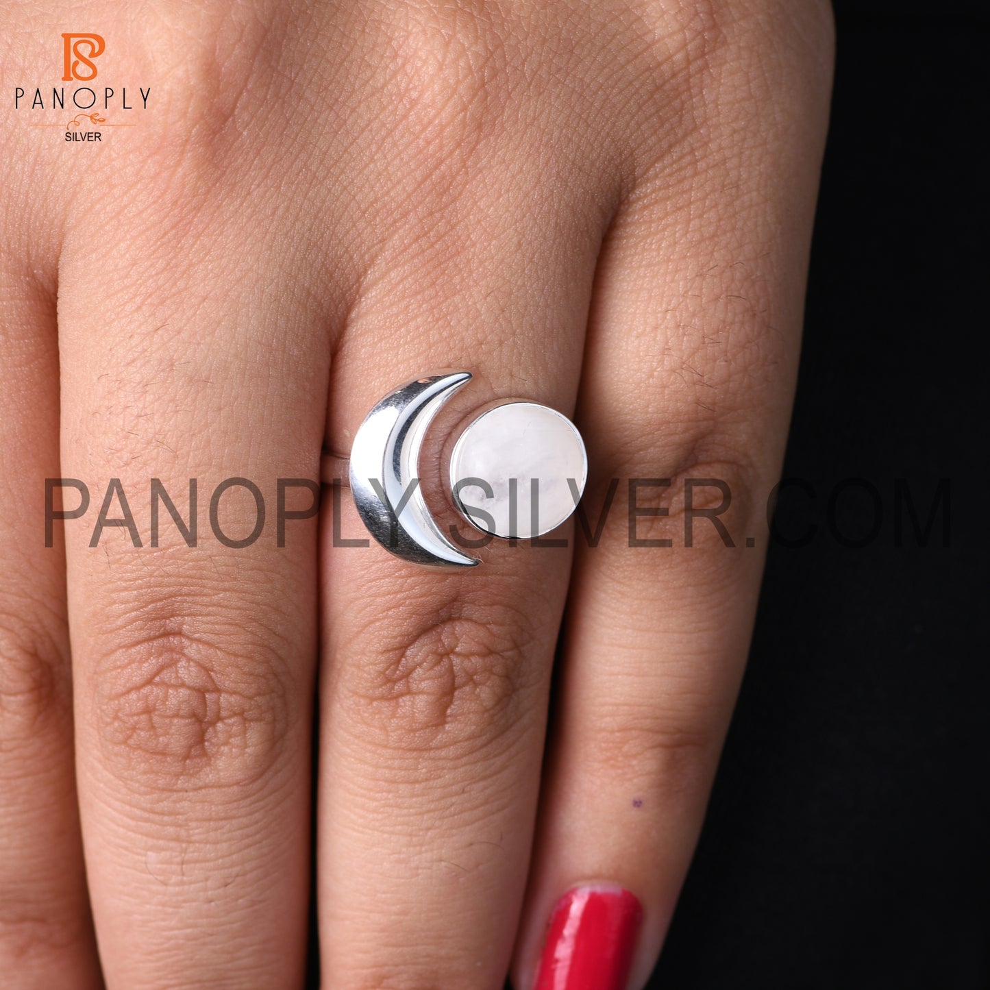 Rainbow Moonstone Half-Moon Shaped 925 Silver Ring