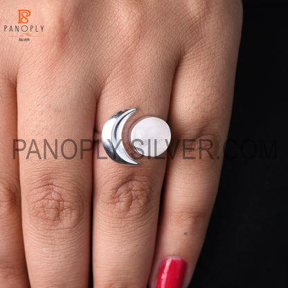 Rainbow Moonstone Half-Moon Shaped 925 Silver Ring