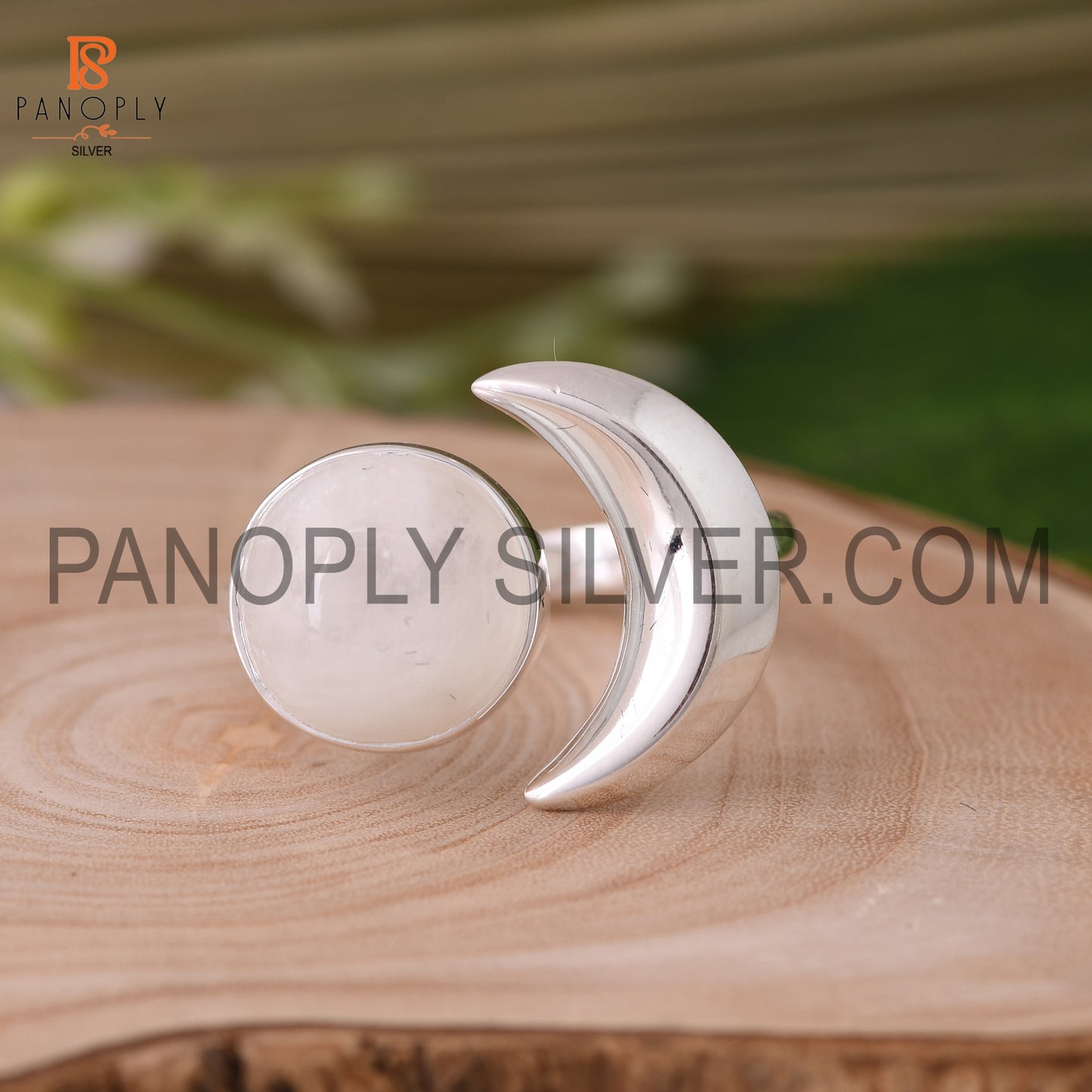 Rainbow Moonstone Half-Moon Shaped 925 Silver Ring