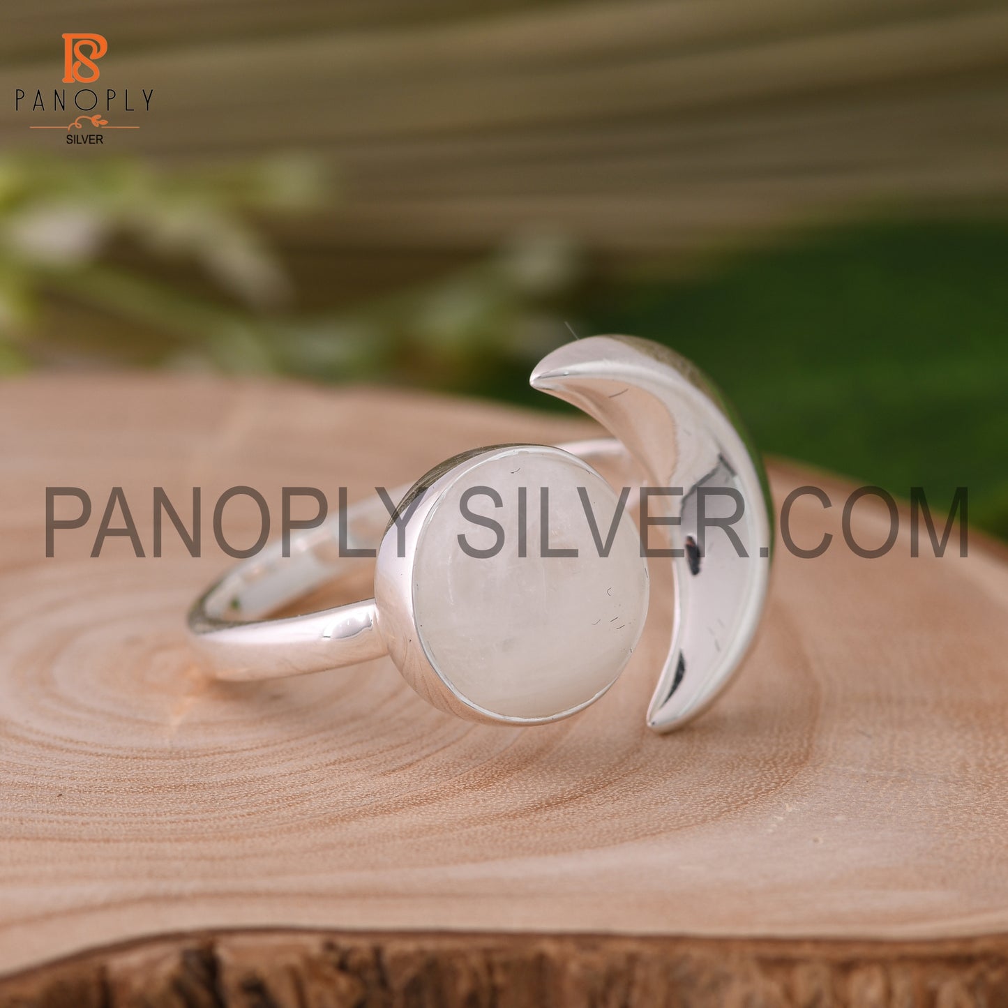 Rainbow Moonstone Half-Moon Shaped 925 Silver Ring