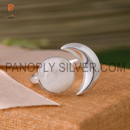 Rainbow Moonstone Half-Moon Shaped 925 Silver Ring