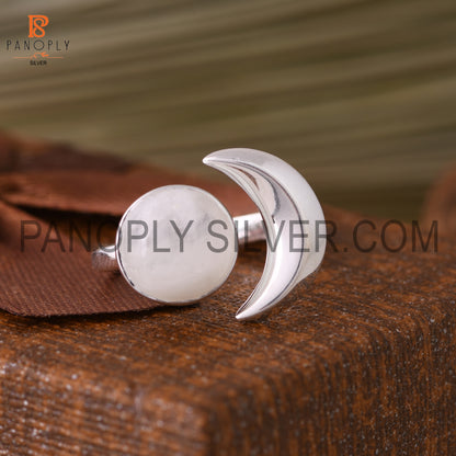 Rainbow Moonstone Half-Moon Shaped 925 Silver Ring