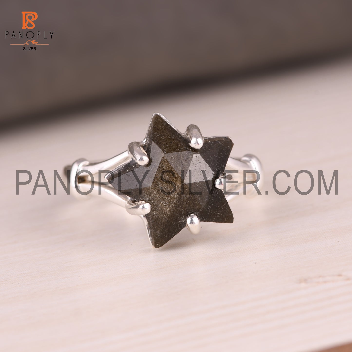 Gold Sheen Obsidian 925 Quality Silver Star Split Band Ring