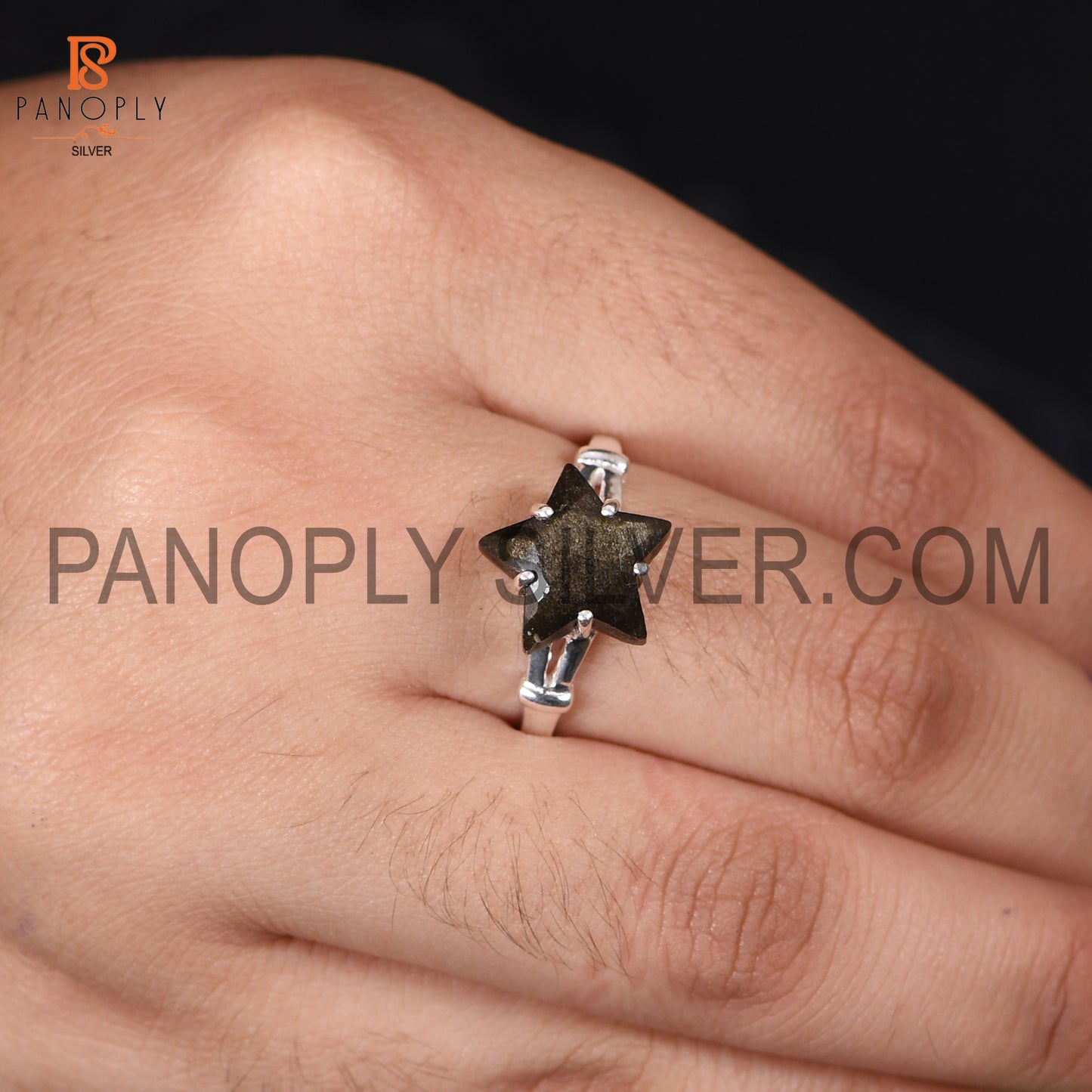 Gold Sheen Obsidian 925 Quality Silver Star Split Band Ring