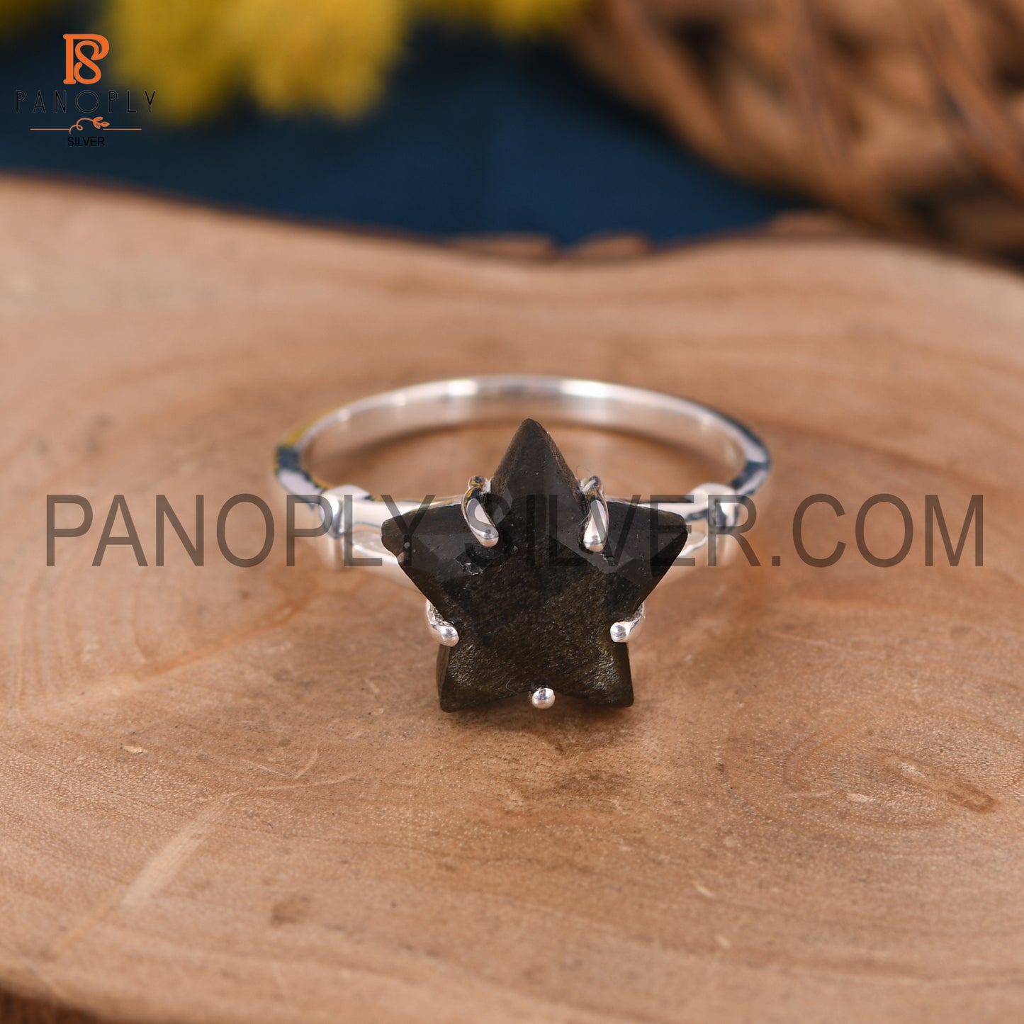 Gold Sheen Obsidian 925 Quality Silver Star Split Band Ring