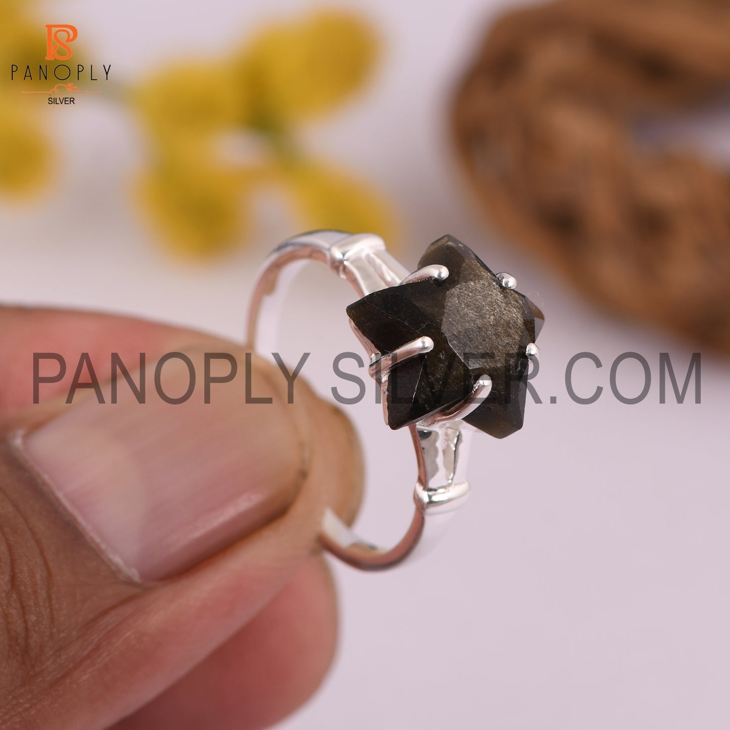 Gold Sheen Obsidian 925 Quality Silver Star Split Band Ring