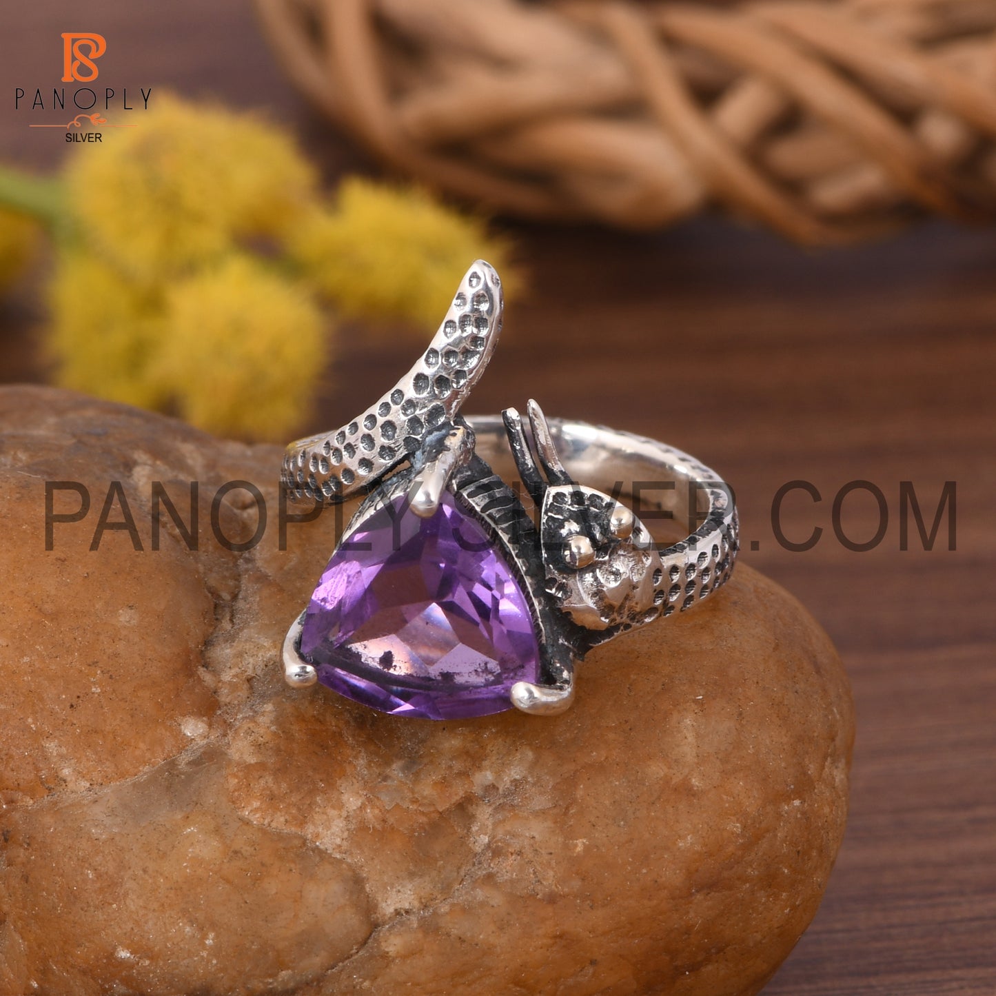 Amethyst Stone Trillion Shape Hammered Band Prong Ring