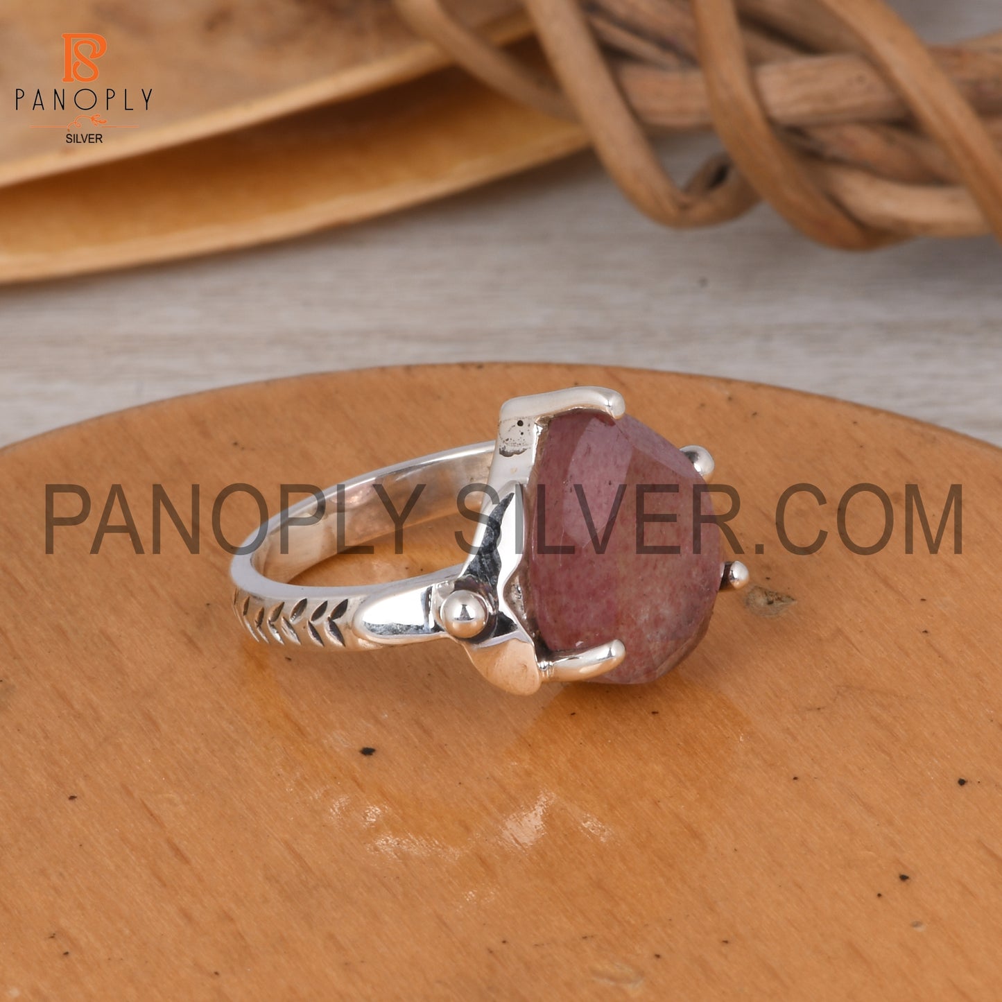 Strawberry Quartz Leaf Band Pear Shape Engagement Ring