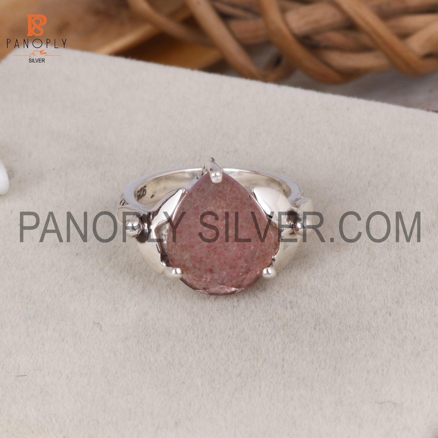 Strawberry Quartz Leaf Band Pear Shape Engagement Ring