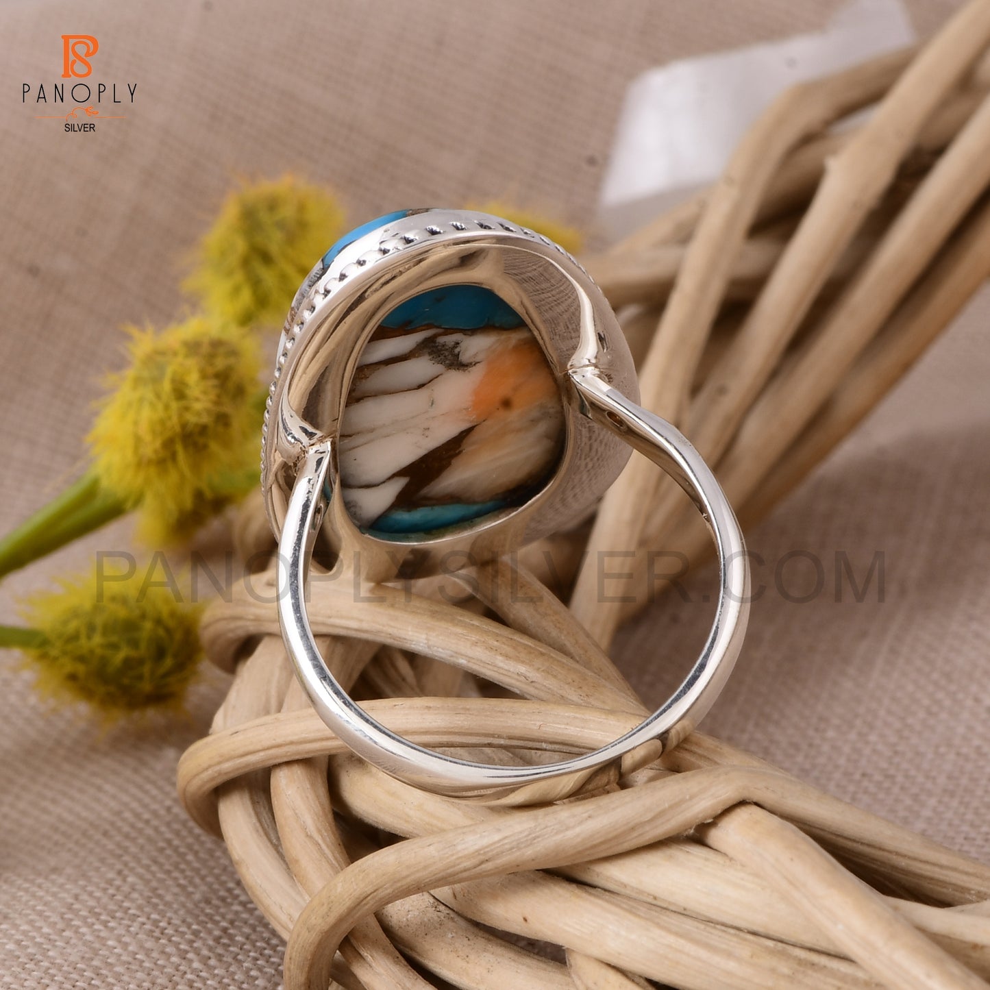 Sterling Silver Spiny Oyster Turquoise Ring, Oval Shape, Rope Design Border