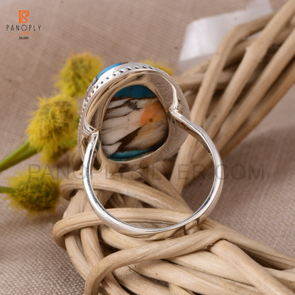 Sterling Silver Spiny Oyster Turquoise Ring, Oval Shape, Rope Design Border