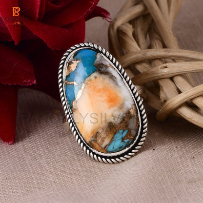 Sterling Silver Spiny Oyster Turquoise Ring, Oval Shape, Rope Design Border