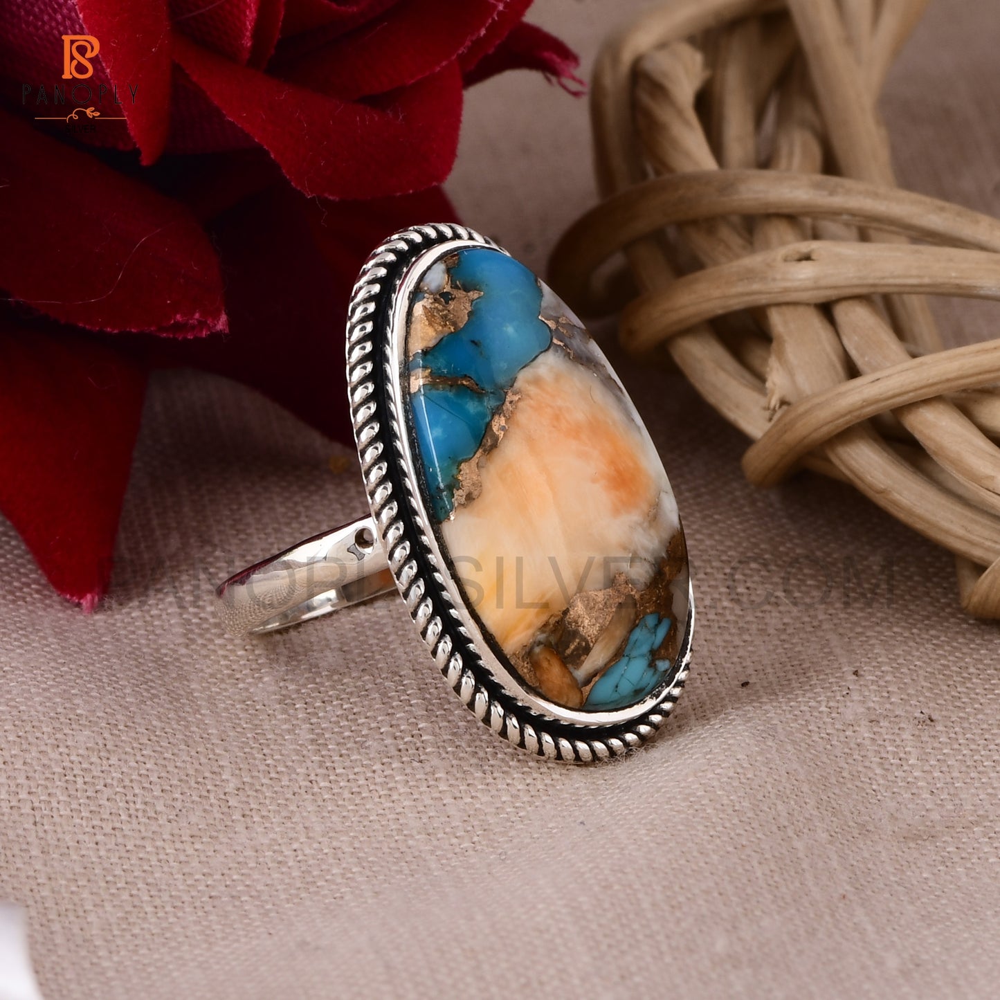 Sterling Silver Spiny Oyster Turquoise Ring, Oval Shape, Rope Design Border