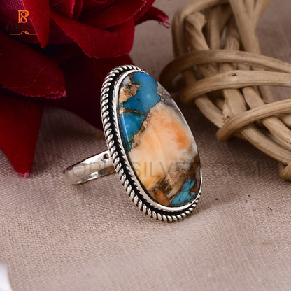 Sterling Silver Spiny Oyster Turquoise Ring, Oval Shape, Rope Design Border