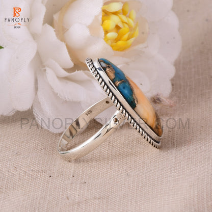 Sterling Silver Spiny Oyster Turquoise Ring, Oval Shape, Rope Design Border