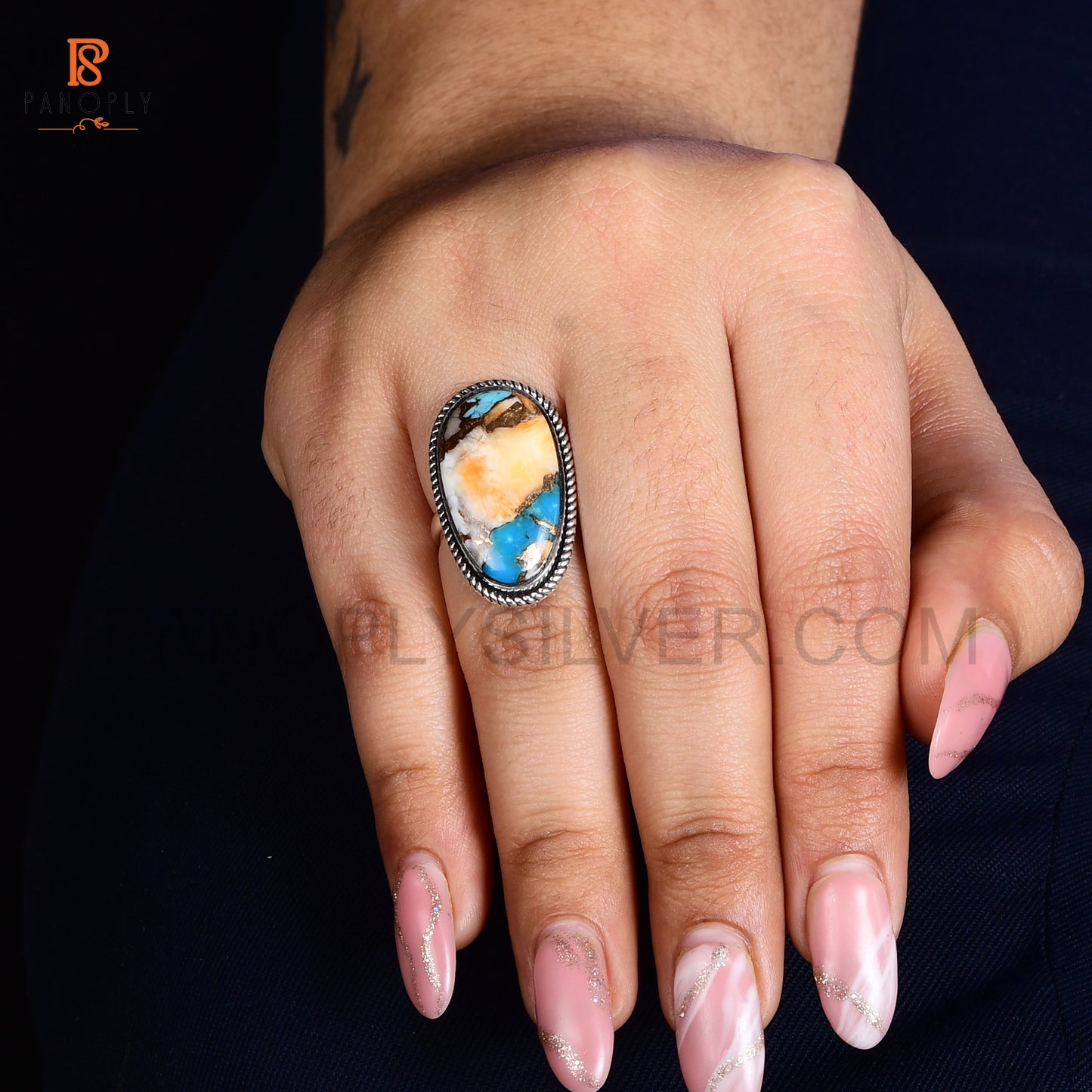 Sterling Silver Spiny Oyster Turquoise Ring, Oval Shape, Rope Design Border