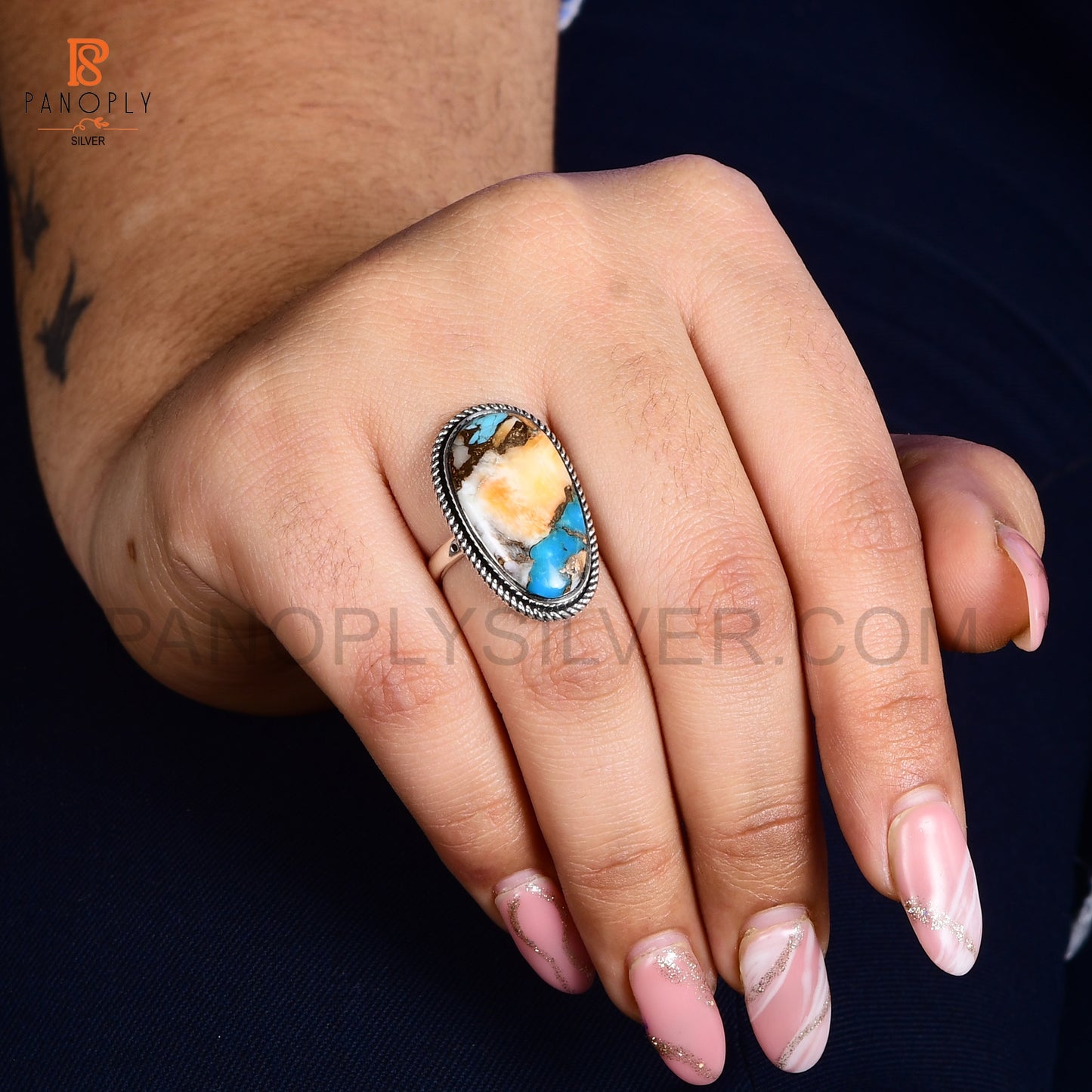 Sterling Silver Spiny Oyster Turquoise Ring, Oval Shape, Rope Design Border