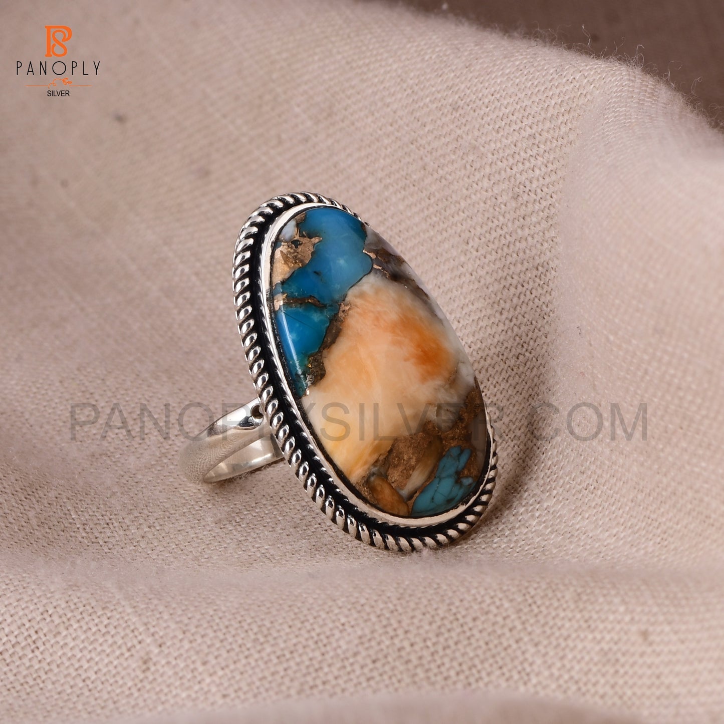 Sterling Silver Spiny Oyster Turquoise Ring, Oval Shape, Rope Design Border