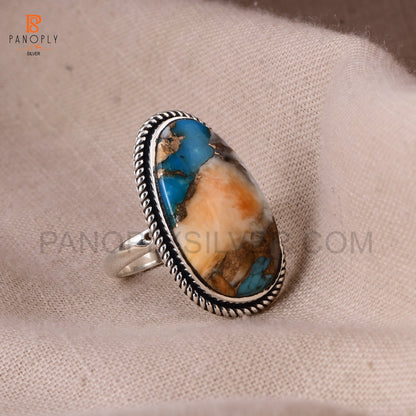 Sterling Silver Spiny Oyster Turquoise Ring, Oval Shape, Rope Design Border