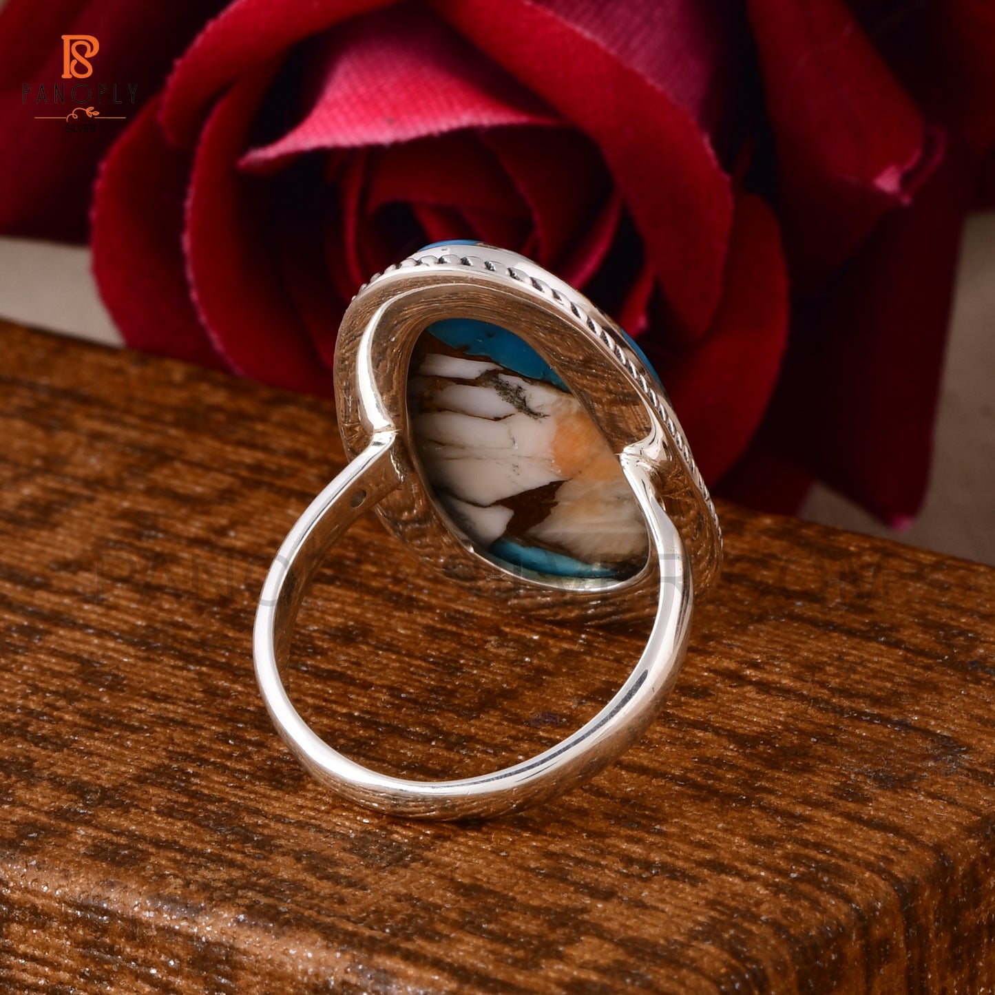 Sterling Silver Spiny Oyster Turquoise Ring, Oval Shape, Rope Design Border