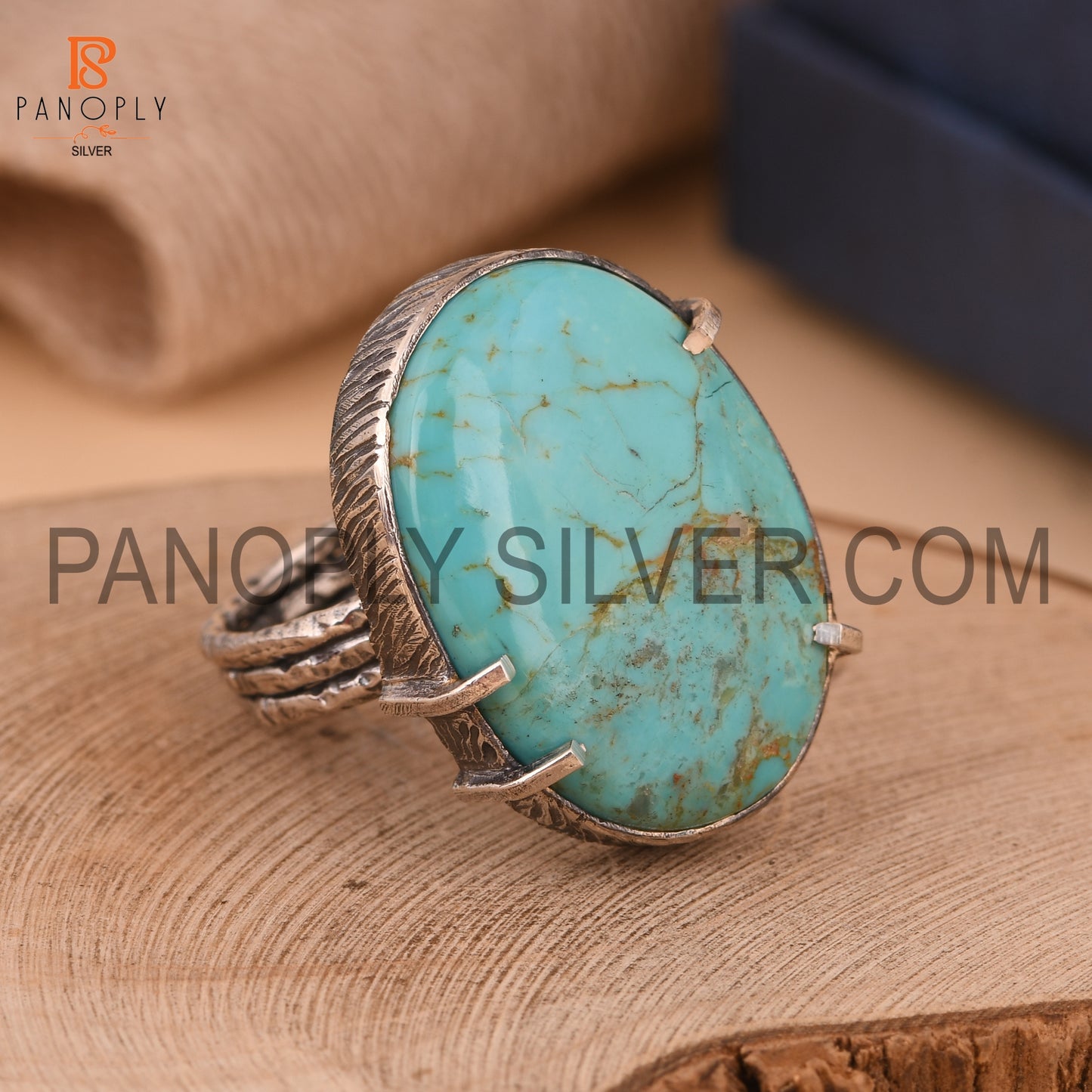 Oxidized Pita Wire Silver Ring With Kingman Turquoise Gemstone