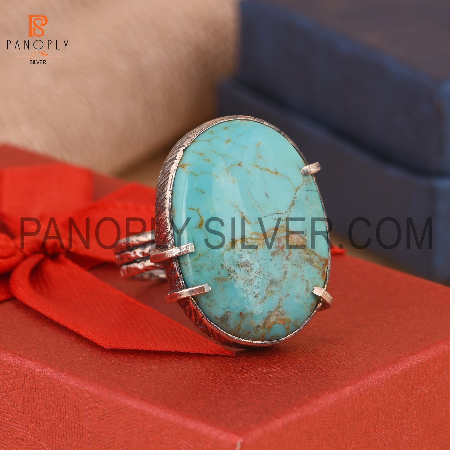 Oxidized Pita Wire Silver Ring With Kingman Turquoise Gemstone