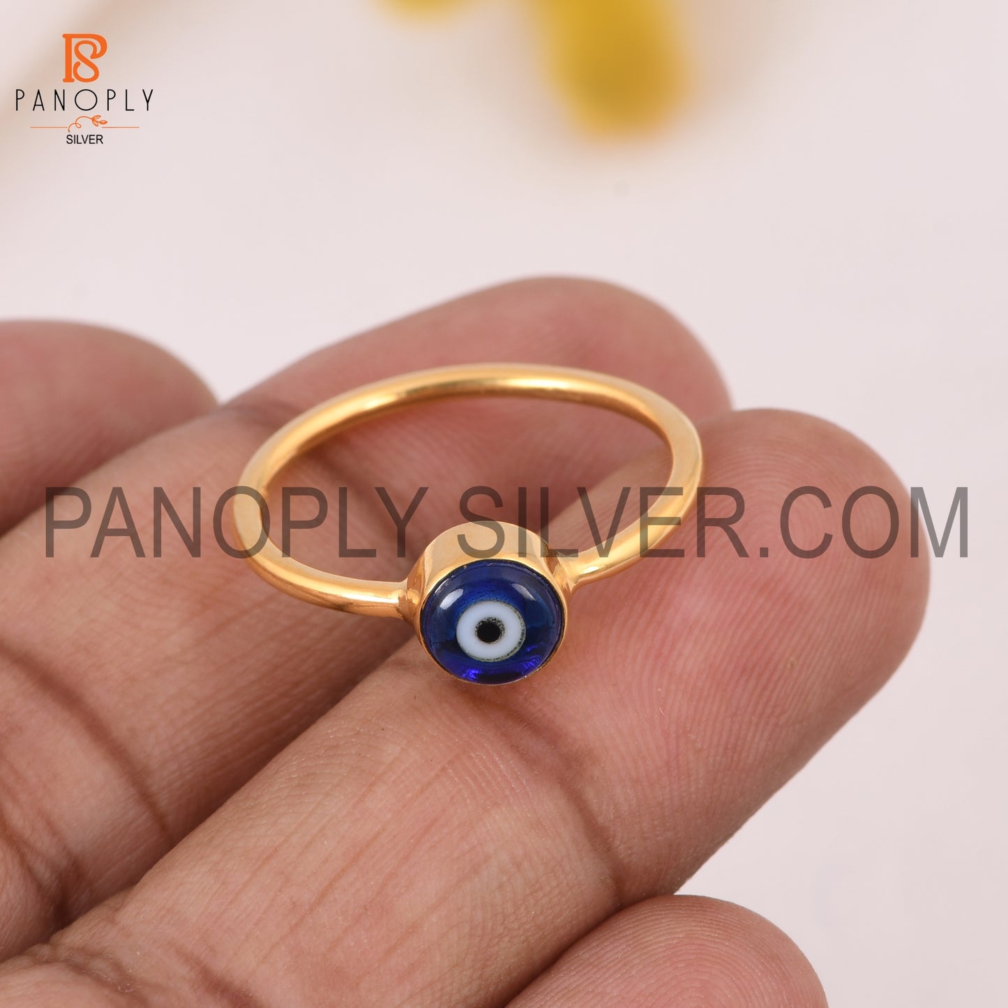 2.5 Micron 18k Gold Plated Blue Resin Gemstone Evil Eye Ring
