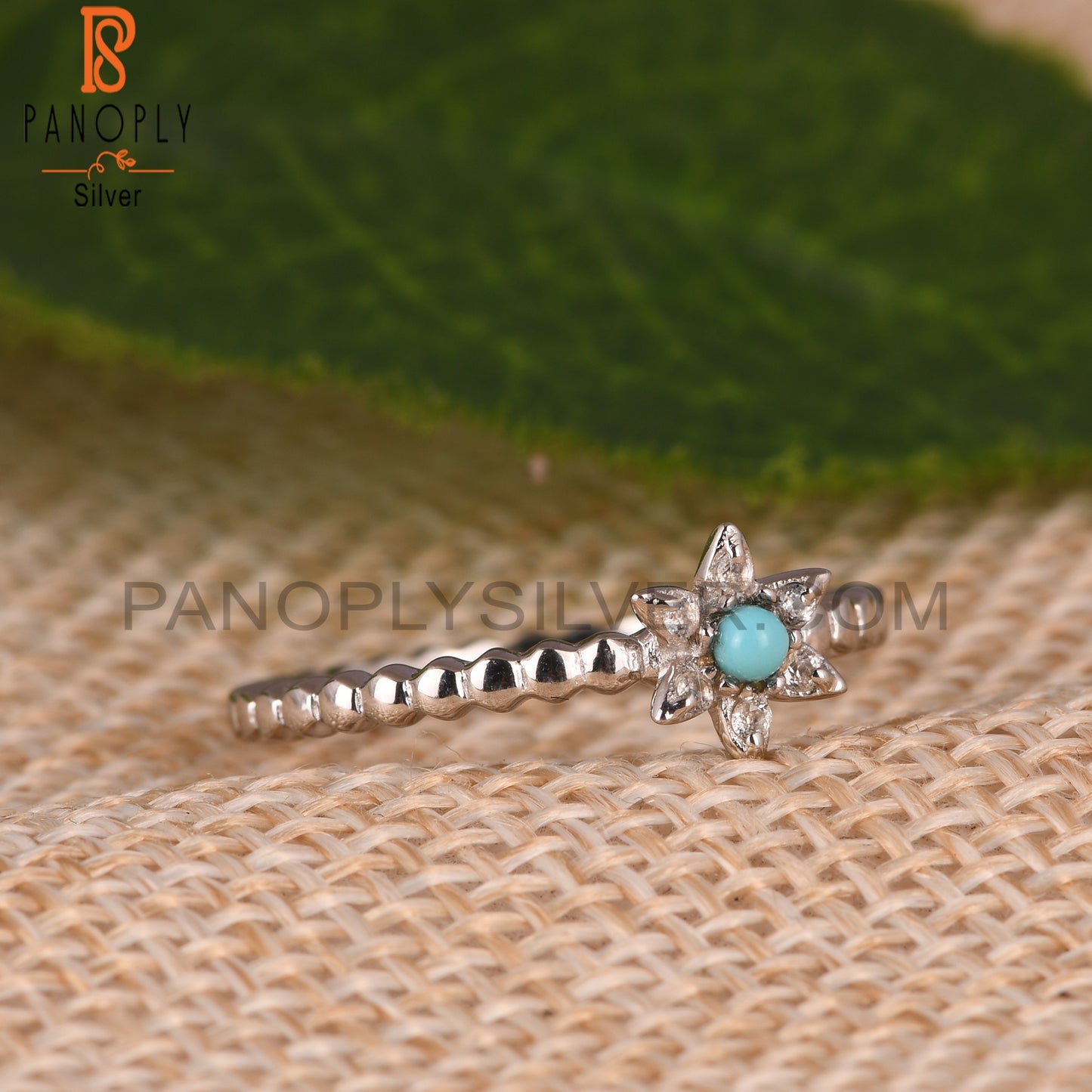 Arizona Turquoise & White Topaz 925 Silver Flower Rings