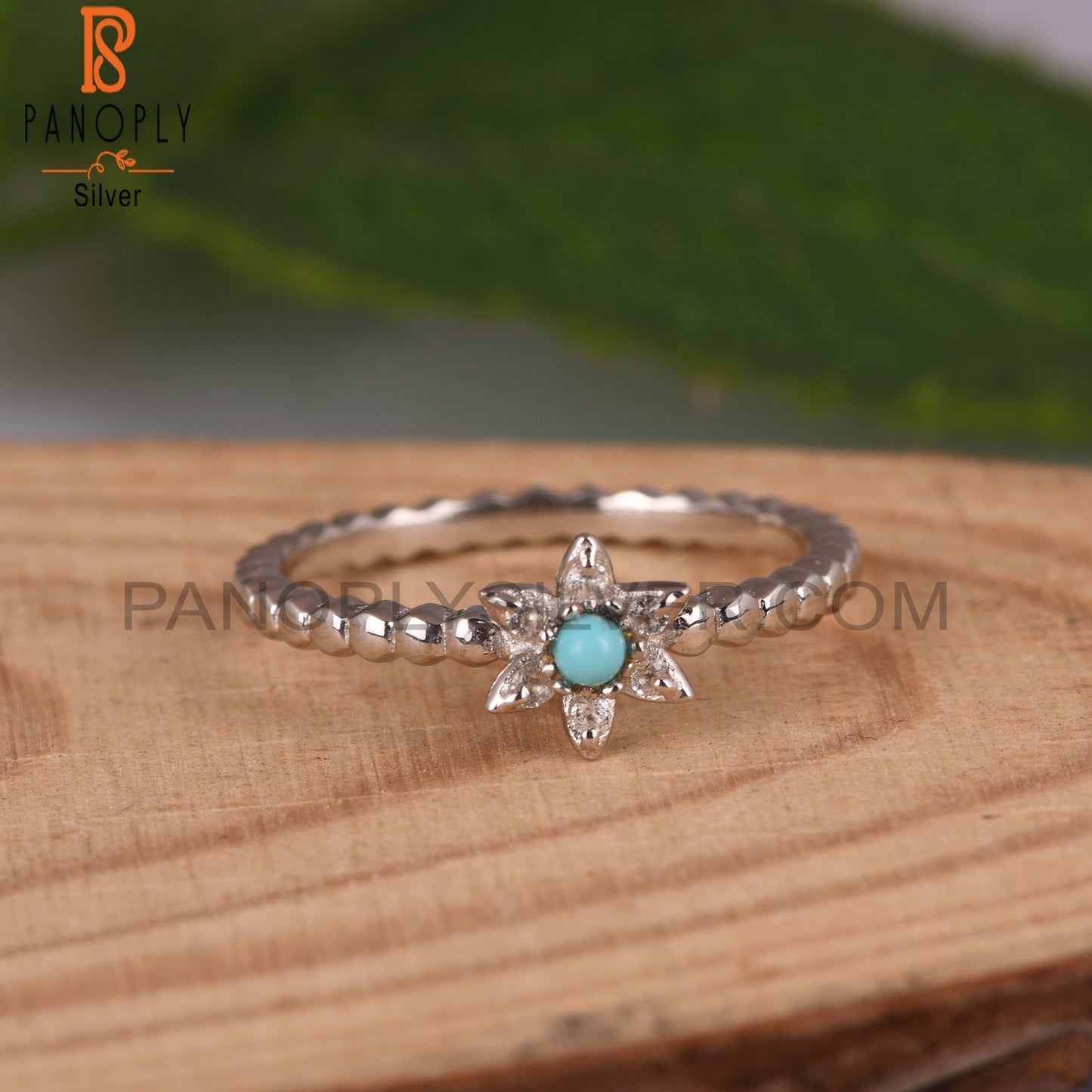 Arizona Turquoise & White Topaz 925 Silver Flower Rings