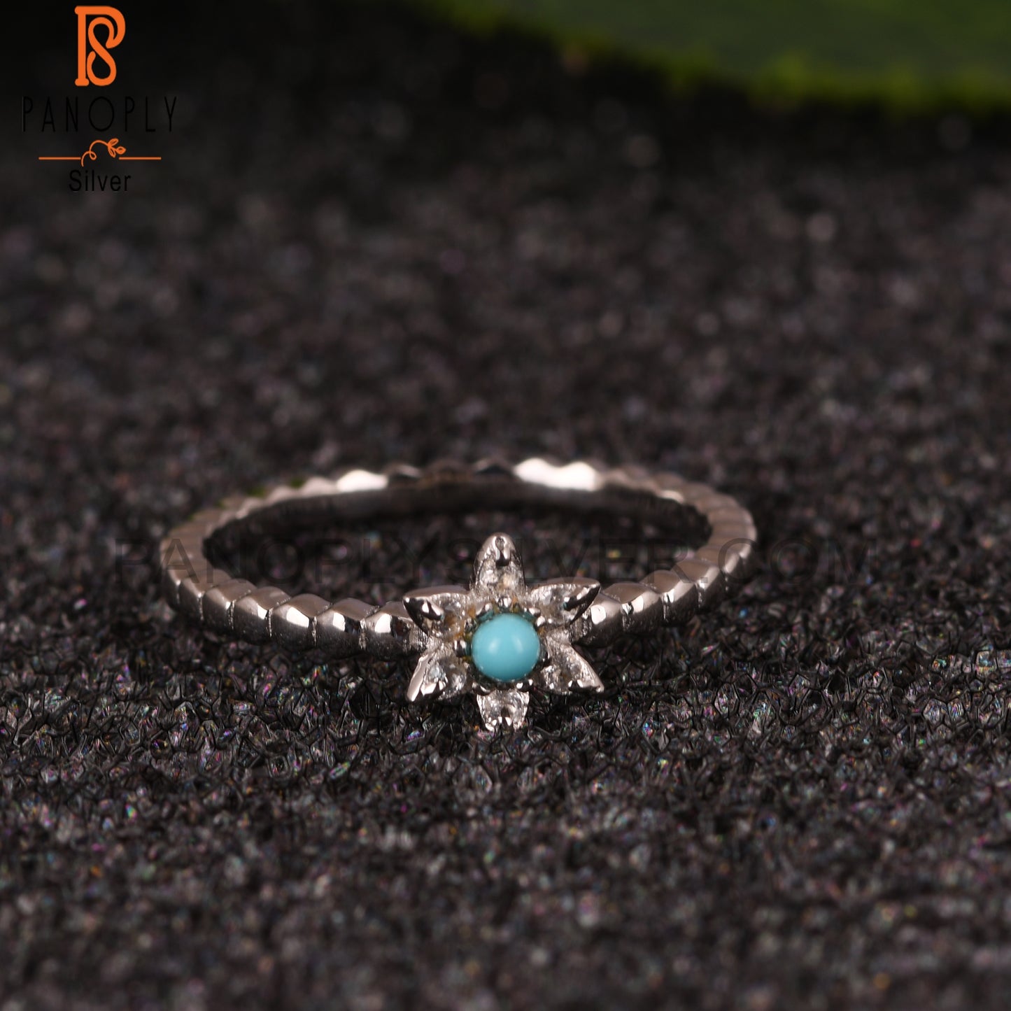 Arizona Turquoise & White Topaz 925 Silver Flower Rings