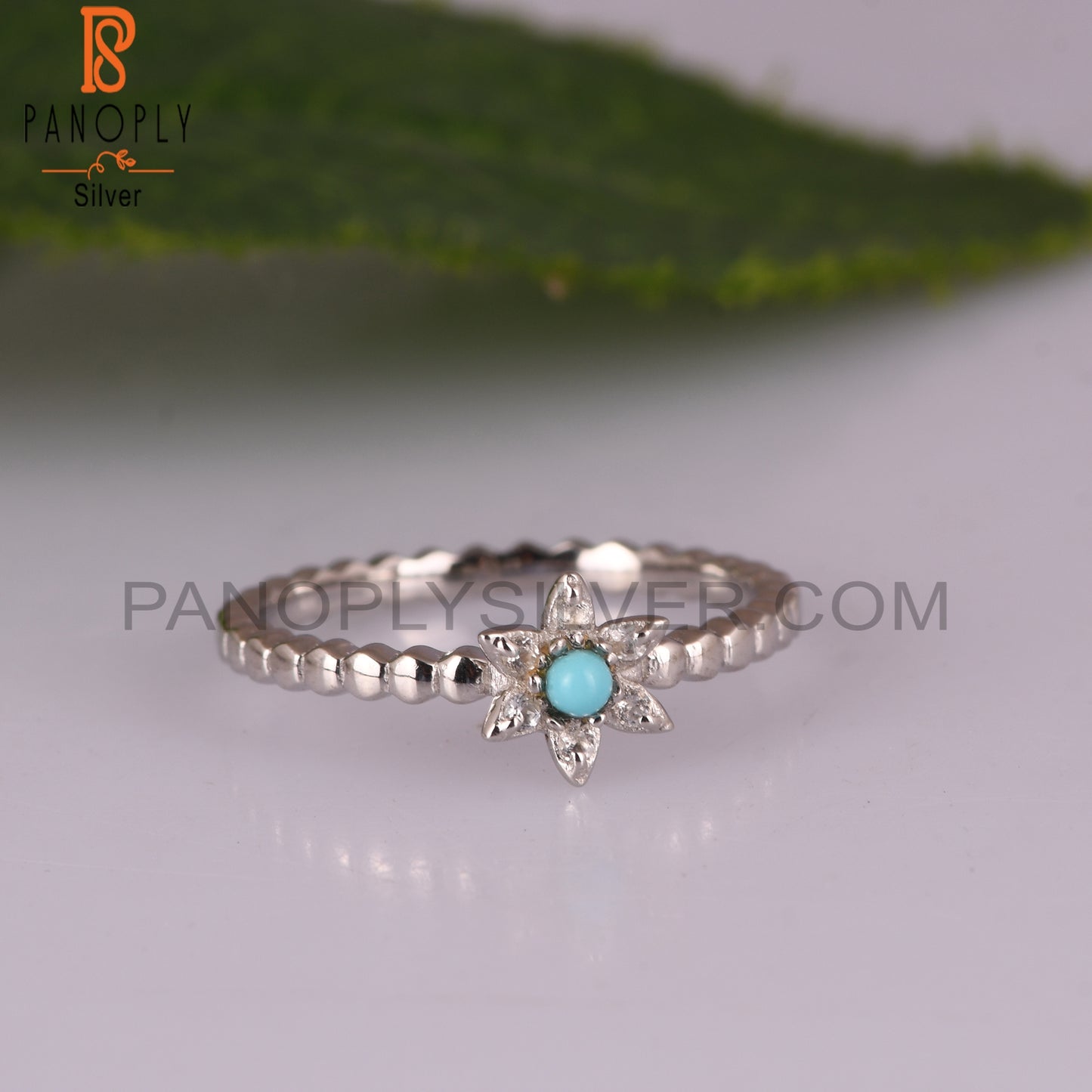 Arizona Turquoise & White Topaz 925 Silver Flower Rings