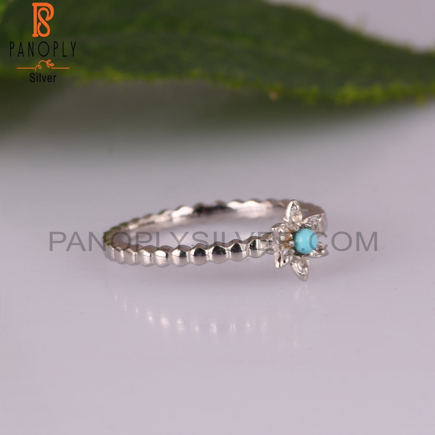Arizona Turquoise & White Topaz 925 Silver Flower Rings