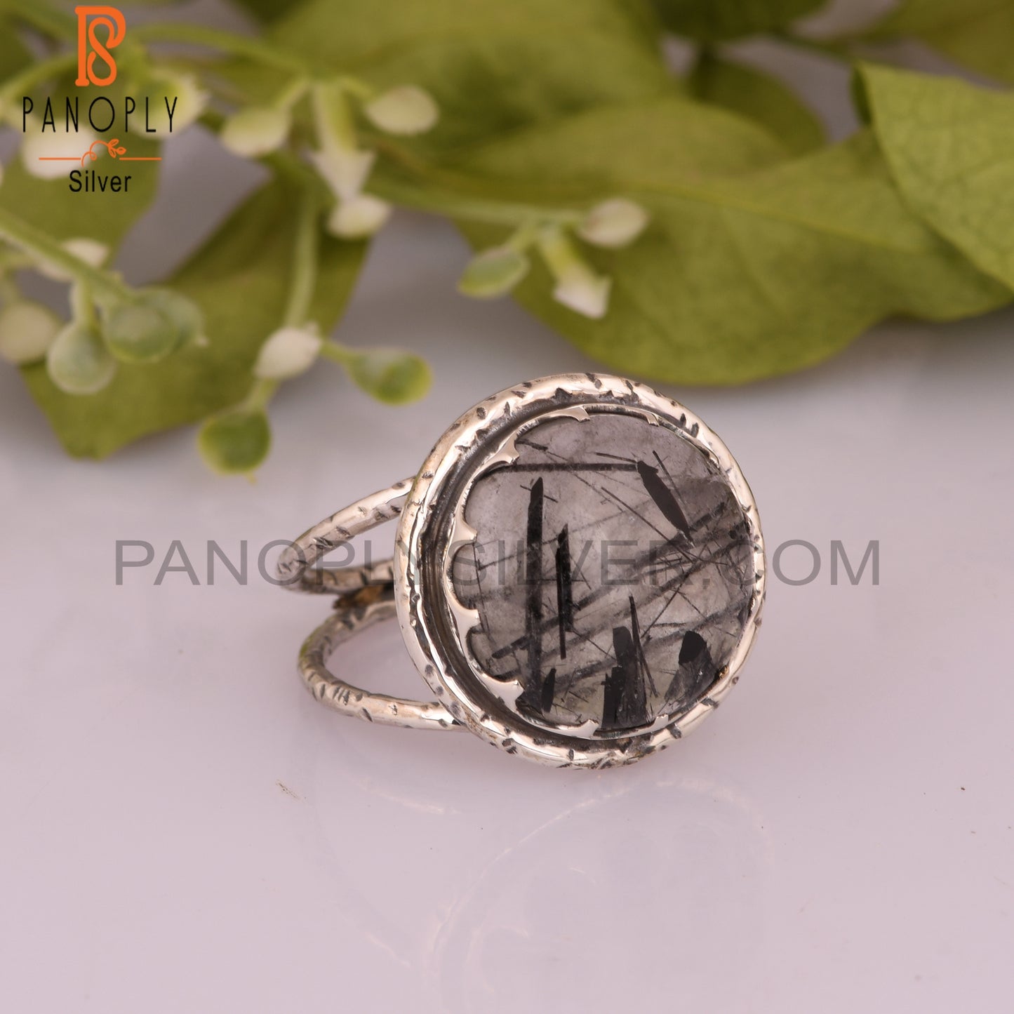 Black Rutile Ring Round 925 Sterling Silver Ring