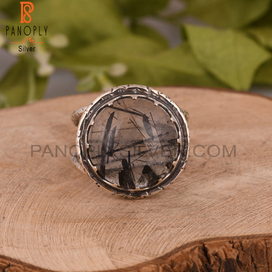 Black Rutile Ring Round 925 Sterling Silver Ring