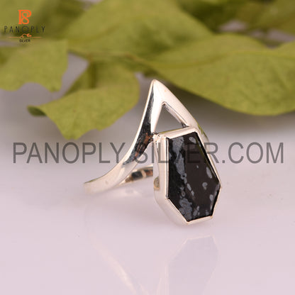 Sterling Silver Ring With A Snowflake Obsidian Coffin Cut