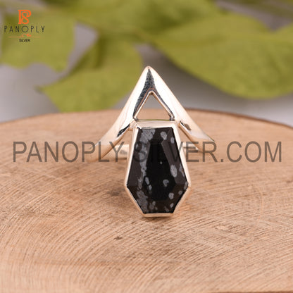 Sterling Silver Ring With A Snowflake Obsidian Coffin Cut