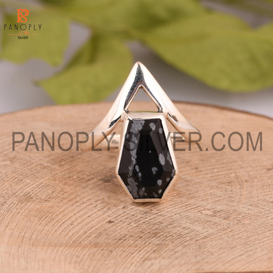 Sterling Silver Ring With A Snowflake Obsidian Coffin Cut