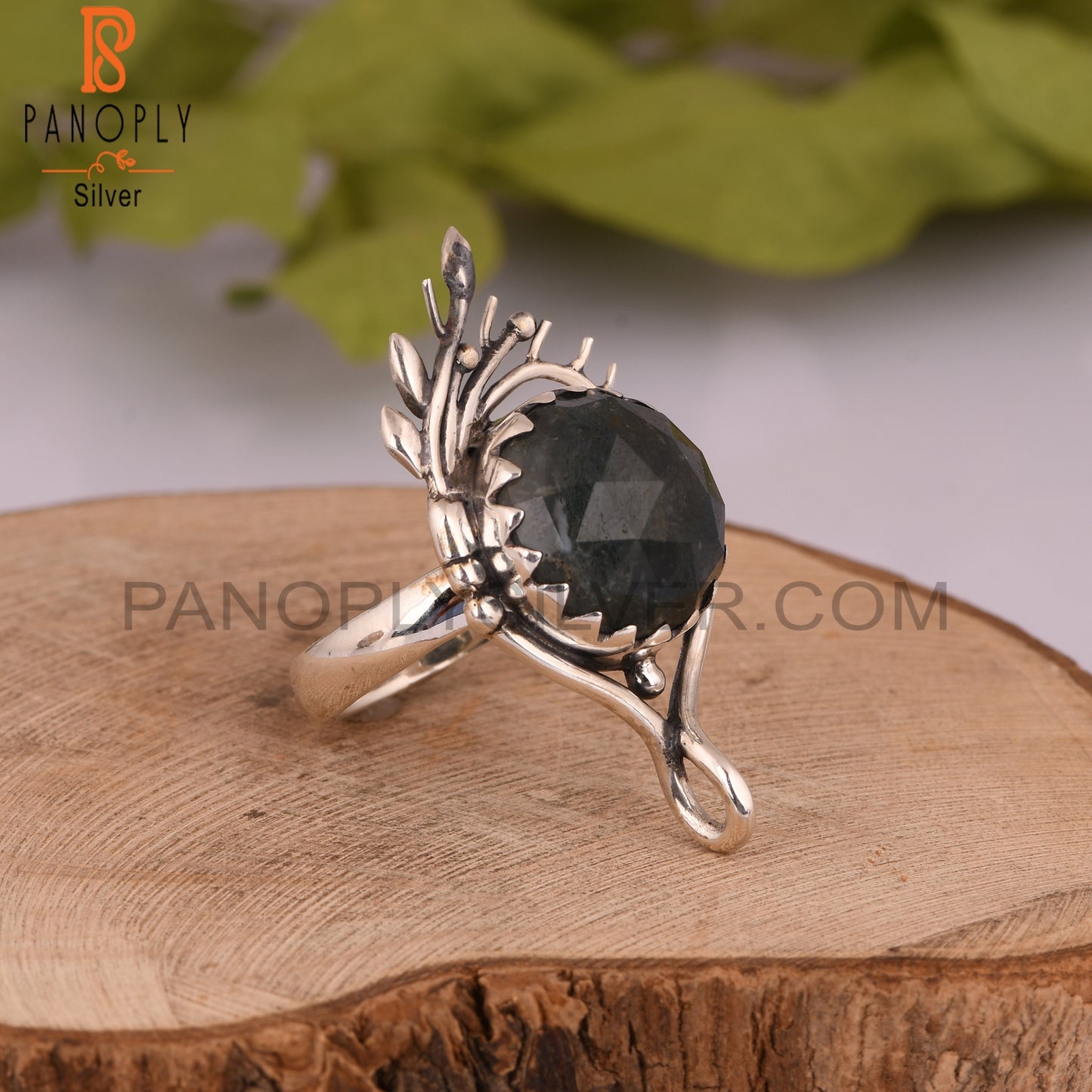 Moss Agate Round 925 Sterling Silver Ring