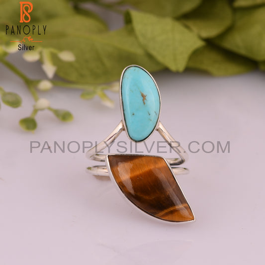 Tiger Eye And Kingman Turquoise 925 Sterling Silver Ring