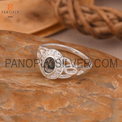 925 Moss Agate And White Topaz Silver Engagement Rings