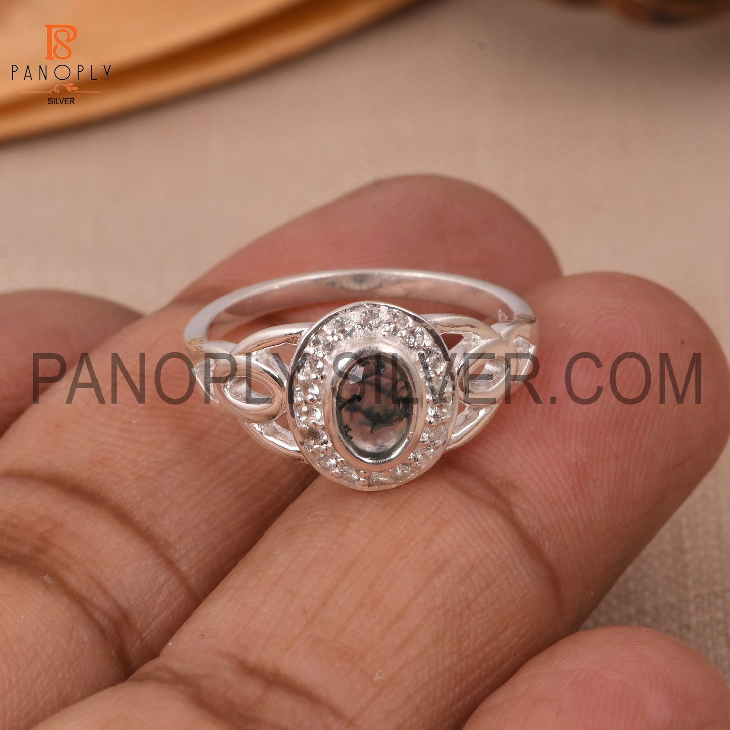 925 Moss Agate And White Topaz Silver Engagement Rings