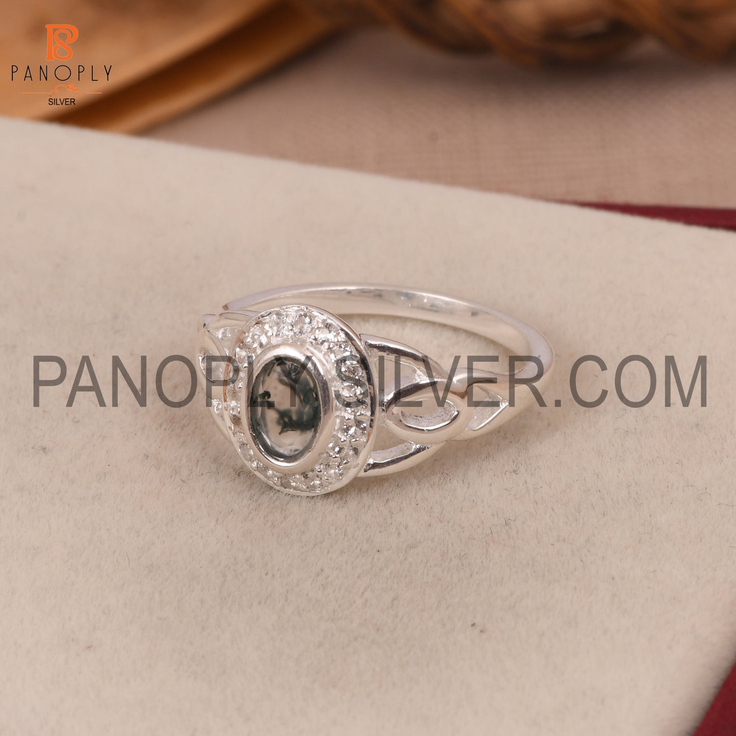 925 Moss Agate And White Topaz Silver Engagement Rings