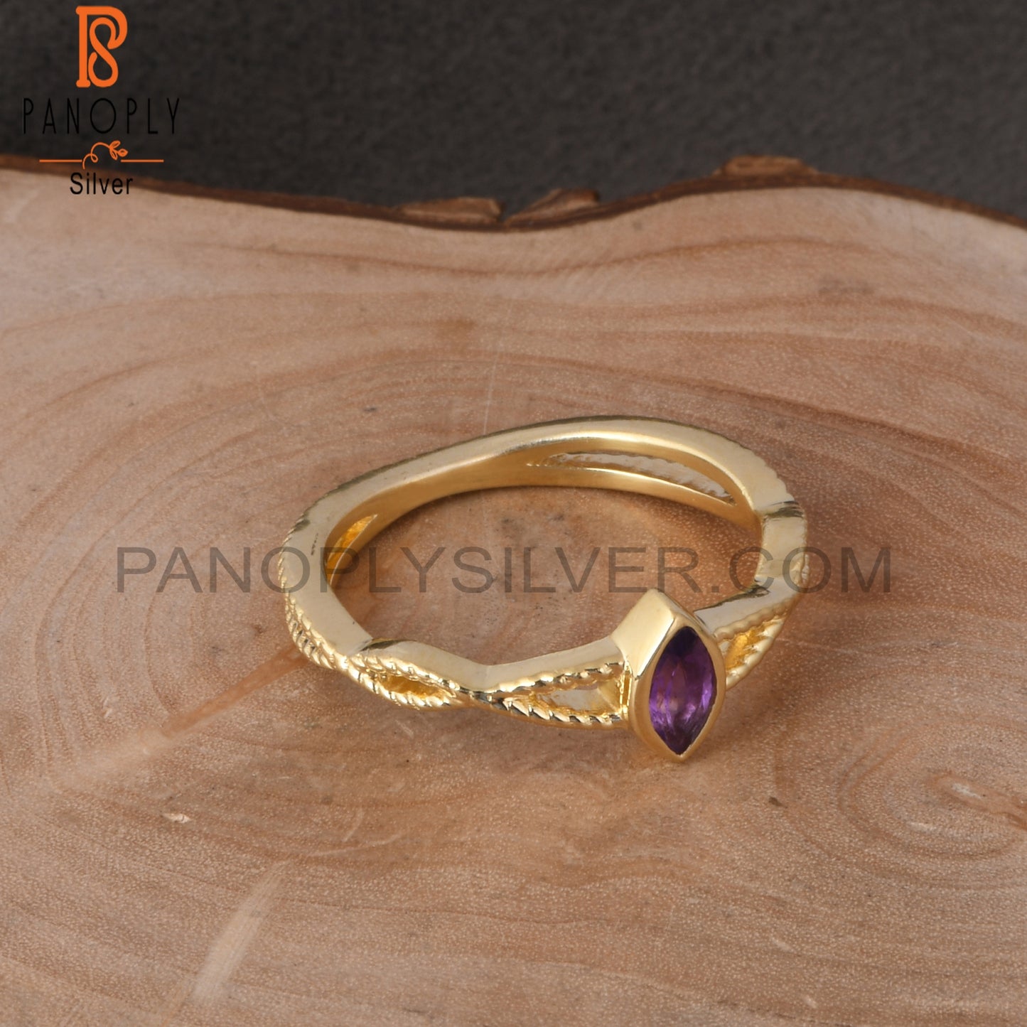 18K Gold Plated 925 Quality Amethyst Marquise Twist Rings